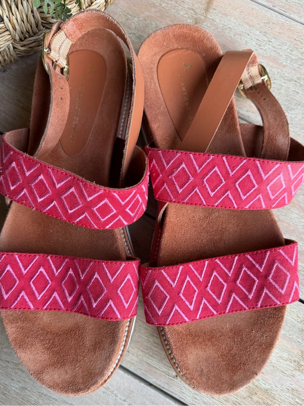 Anthropologie Red/Pink Geometric Embroidered Double Strap Sandals